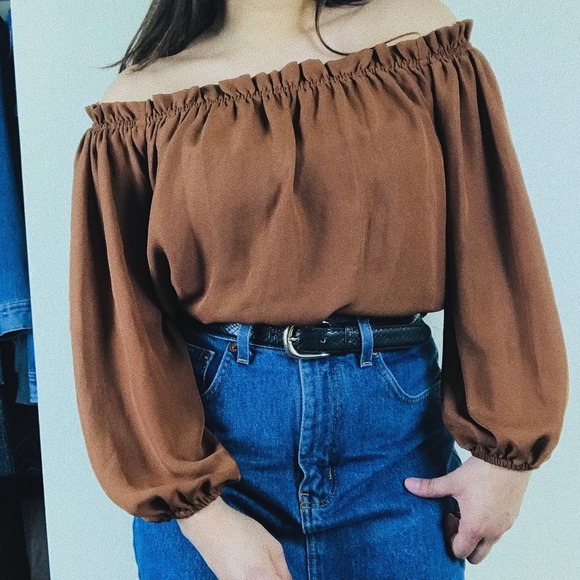 Tops - Brown Ruffle Boho Off The Shoulder Blouse